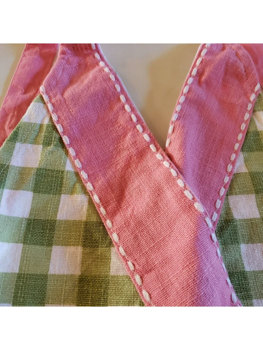 Happy Easter Cotton Bib Apron Green Check Pink Trim Embroidered Kitchen Cook
